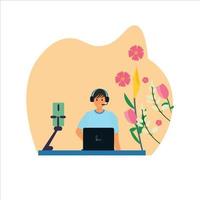 ilustração em vetor de um menino jogando em um laptop usando um fone de ouvido, com fundo floral.