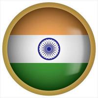 índia ícone de botão de bandeira arredondada 3D com moldura dourada vetor