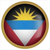ícone do botão da bandeira arredondada 3D de Antígua e Barbuda com moldura dourada vetor