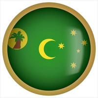 cocos or keeling islands ícone de botão de bandeira arredondada 3D com moldura dourada vetor