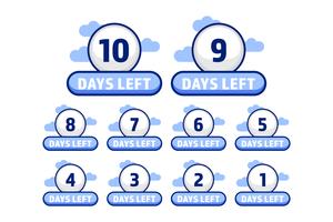 Número de dias de bola branca deixados de 10 até 1 jogo em estilo de desenho animado vetor
