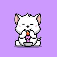 gato branco fofo rezando com vela roxa vetor