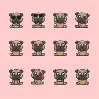 12 expressões de cão pug, pacote de emoticons de cão pug vetor