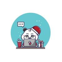 panda de natal usando laptop vetor