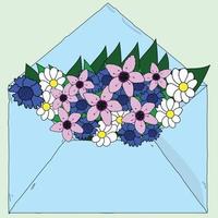 envelope azul com um buquê de flores vetor