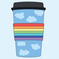 copo descartável de bebida quente com design personalizado céu azul com nuvens e arco-íris vetor