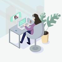 uma mulher durante uma videoconferência. ilustração vetorial de chamada de vídeo em projeção isométrica. o conceito de trabalho remoto, comunicação empresarial e webinars. vetor