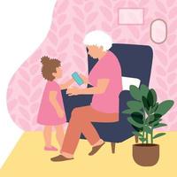 uma idosa de cabelos grisalhos está sentada em uma poltrona com a neta, segurando um telefone nas mãos. vovó está sentada em uma cadeira. tempo em família juntos. vetor