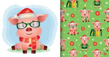 personagens de natal de porco fofo com chapéu de papai noel e cachecol. desenhos sem costura padrão e ilustração vetor
