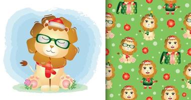 personagens de natal de um leão fofo com chapéu de papai noel e cachecol. desenhos sem costura padrão e ilustração vetor