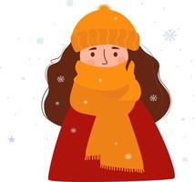 retrato de garota de inverno congelado. mulher de chapéu, embrulhada até o nariz em cachecol quente contra fundo de flocos de neve. ilustração vetorial. personagem em estilo simples para design de inverno, decoração vetor
