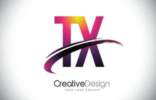 tx tx logotipo de letra roxa com design swoosh. logotipo de vetor de letras modernas magenta criativas.