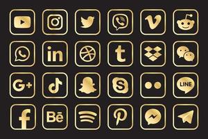facebook dourado, instagram, twitter, youtube, whatsapp, drible, tiktok, linkedin, google plus e muito mais coleção dourada de ícones populares de mídia social. vetor