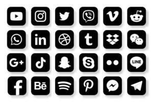 definir ícones populares de mídia social. facebook, instagram, twitter, youtube, pinterest, behance, google plus, linkedin, whatsapp, snapchat, tiktok, tumblr, spotify, dropbox e muito mais vetor