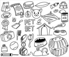 conjunto de coleção de coisas de equipamentos para animais de estimação desenhados à mão doodle. vetor