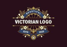 lindo modelo de logotipo vitoriano com ornamento de flores e folhas vetor