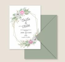 folha de vegetação elegante e flor de peônia no modelo de cartão de convite de casamento. vetor