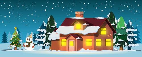 a cena de uma casa em um pinhal está nevando e há uma árvore de natal com boneco de neve.