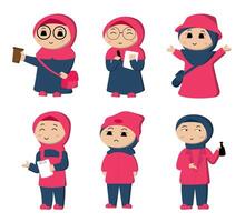 desenho de personagem de desenho vetorial jovem muçulmana vestindo hijab em várias poses para uso de designer gráfico vetor