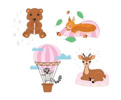 conjunto de ilustrações fofas. pequeno esquilo dorme, urso toca flauta, lêmure voa balão, veado senta-se no travesseiro. design bonito dos desenhos animados para meninas, berçário, sala de jogos. ilustração vetorial plana vetor