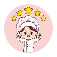 chef ou padeiro feminino bonito e kawaii com polegares para cima cinco estrelas desenho de personagens de manga chibi vector design de personagens