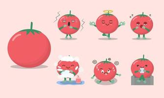 personagens de tomate fofos e engraçados em várias poses e emocionais, como medo, ioga, sono, banho, confusão, confortável. vetor