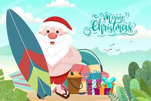 papai noel vestindo maiô. verão papai noel com prancha de surf ele tem um descanso no fundo do oceano tropical de praia. vetor