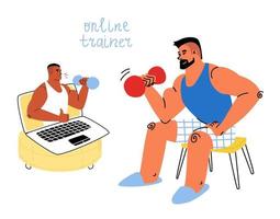 homem de desenho animado em roupas de casa está treinando on-line com um personal trainer usando um computador portátil. homem atlético levantando um haltere, o conceito de treinamento online em casa. vetor
