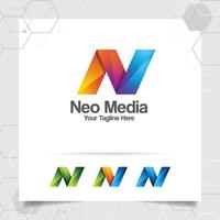 vetor de design de letra n de logotipo digital com pixel colorido moderno para tecnologia, software, estúdio, aplicativo e negócios.