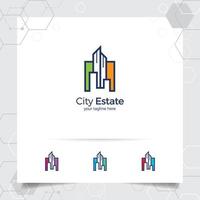 conceito de design de logotipo imobiliário de ícone de apartamento e edifício. vetor de logotipo de propriedade para construção, empreiteiro, residência e arquiteto.