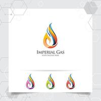 vetor de design de logotipo de gás de petróleo com conceito de ícone de gotículas de fogo e óleo para indústria de mineração e processamento de combustível.