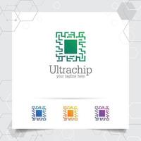 design de vetor de logotipo digital de tecnologia com conceito de ícone de microchip para programador, comunidade de tecnologia, software aplicativo e engenheiro.