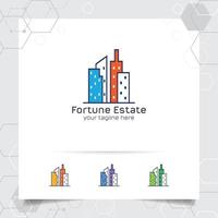 conceito de design de logotipo imobiliário de ícone de apartamento e edifício. vetor de logotipo de propriedade para construção, empreiteiro, residência e paisagem urbana.