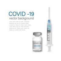 banner de vetor com garrafa e seringa 3d realistas. vacina de coronavírus covid-19. close up isolado no fundo branco. modelo de design de ampola de drogas, clipart, maquete.
