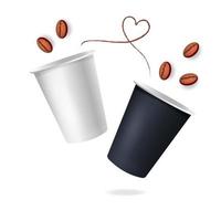 dois copos de café de papel com grãos de café e coração em fundo branco. Maquete de xícara de café 3D. vetor