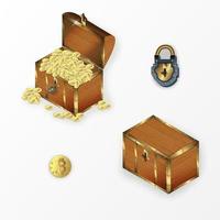 baú de madeira de desenho antigo com moedas de ouro para interface de jogos vetor