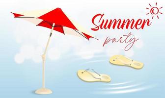 ilustração tipográfica de férias de verão em vetor fundo de madeira vintage. plantas tropicais, flor, bola de praia, prancha de surf, balão de ar e guarda-sol com céu azul nublado. modelo de design para