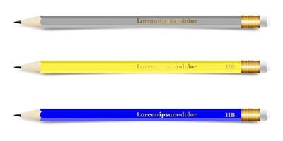 conjunto de lápis de madeira realistas com borracha. lápis simples em amarelo azul e cinza. ilustração vetorial do design de um pôster, banner, design, impressão de publicidade. vetor