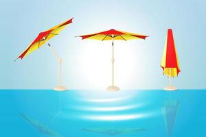 um guarda-sol protetor para a praia na posição aberta, dobrada e dobrada. acessório para suas férias de verão ou piquenique. ilustração vetorial em um fundo azul claro com destaques brancos. vetor