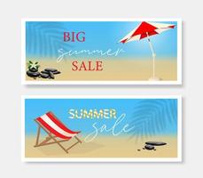 coleção de venda de verão de banners com acessórios de praia. fundo exótico para banner, pôster, panfleto, cartão postal, cartão de felicitações e web. desenho em azul e rosa vetor
