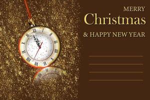 feliz natal e ano novo cartão com relógio de ouro. vetor