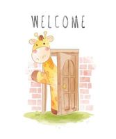 slogan de boas-vindas com girafa de desenho animado na frente da ilustração da porta de madeira vetor