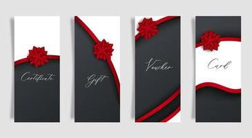 conjunto de cartão preto de luxo com laço de presente vermelho com fita. vetor