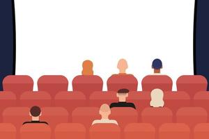 as pessoas sentam-se no cinema e olham para a tela de projeção. vista traseira. ilustração vetorial vetor