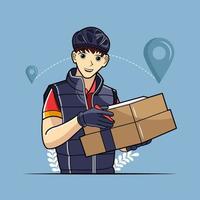 correio masculino entregando dois pacotes de entrega de papelão ilustração pro download vetor