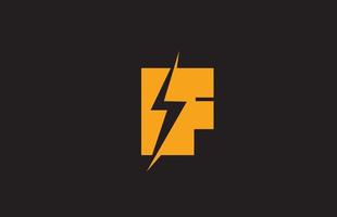 f ícone do logotipo da letra do alfabeto preto amarelo. projeto de relâmpago elétrico para negócios de energia ou energia vetor