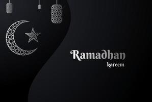cartão de vetor ramadan kareem preto com crescente de prata 3d e estrela para celebração do mês sagrado muçulmano