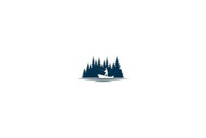 pinheiro cedro conífera conífera perene abeto lariço cipreste cicuta floresta com pescador homem barco pesca aventura ao ar livre logo design vector