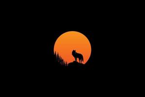 pôr do sol nascer do sol com lobo chacal e vetor de design de logotipo de floresta de montanha