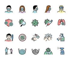 conjunto de ícones de cores de proteção de coronavírus covid 19 isolados em branco. elementos de símbolo de qualidade para todos os medicamentos de saúde e design de mídia pandêmica. vetor
